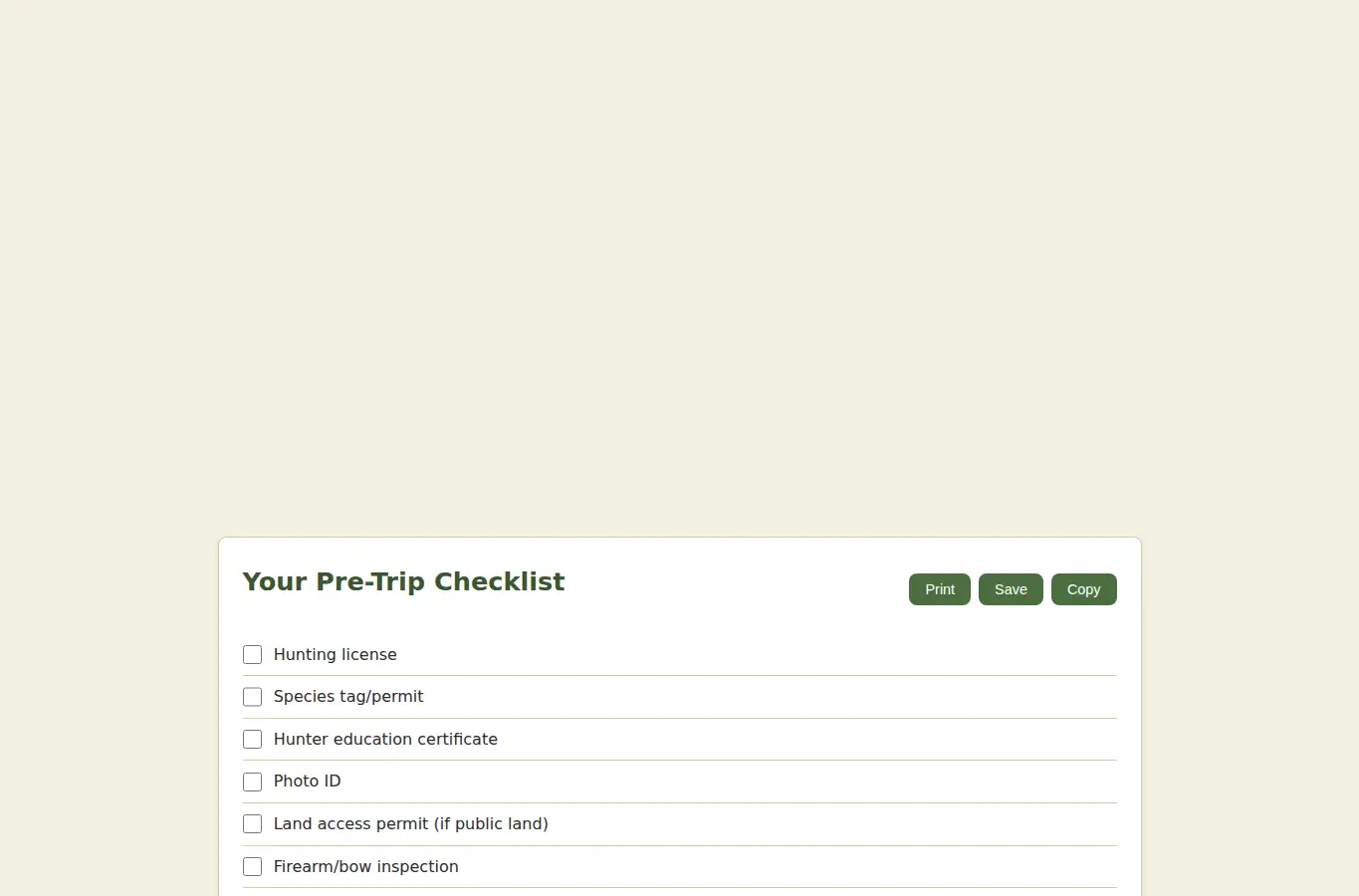 Screenshot of Hunting License Checker – Pre-Trip Prep Assistant interface showing the project page in use